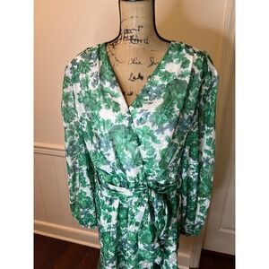 Alex‎ Marie size 14 NWT green & white leaf print dress long chiffon sleeve